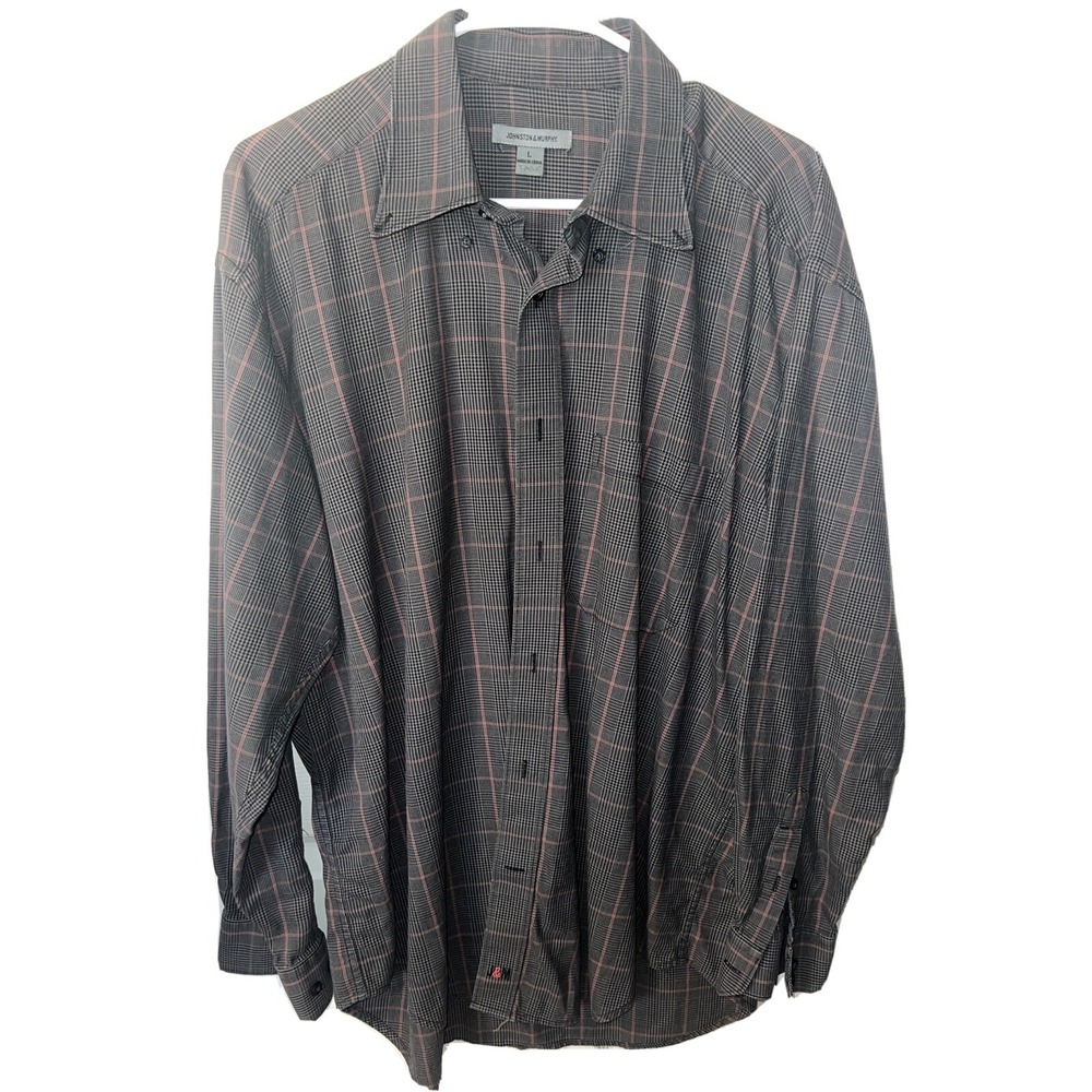 Johnston‎ & Murphy Men's Size Large Button Up Brown Plaid Long Sleeve Shirt